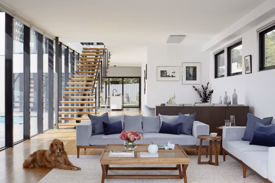 Warm modern townhouse interior with timber details